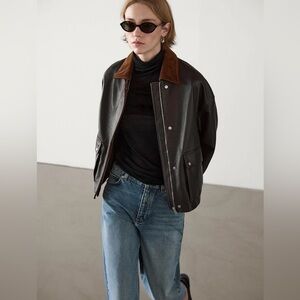 Massimo Dutti Black and Brown Bomber Jacket